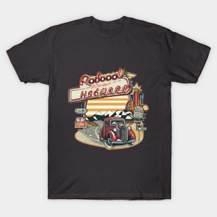 A graphic that captures the vintage vibe of a classic road trip, complete with iconic roadside attractions and retro typography. T-Shirt